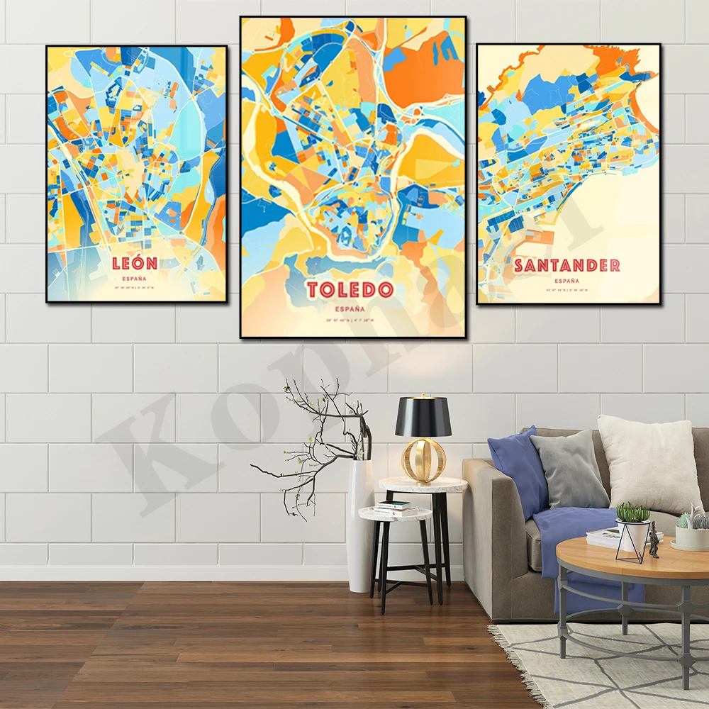 Spain Cádiz. A Coruña. Toledo. Santander. Barcelona. City Color Map. Home Wall Decor Art Poster