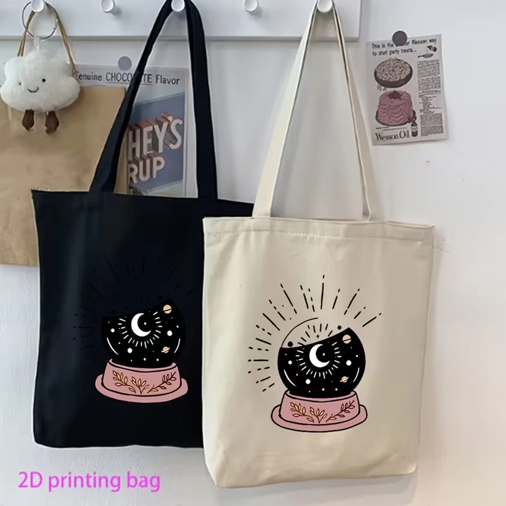 1 Moon and Star Crystal Ball Themed Shopping Bag, Reusable Canvas Tote Bag with Witch Celestial Print, Perfect for Astrology Enthusiasts, a Gift for Those Who Love the Mysterious Style, Ideal for Halloween, Witch Events, Daily Groceries, Travel, and Everyday Use