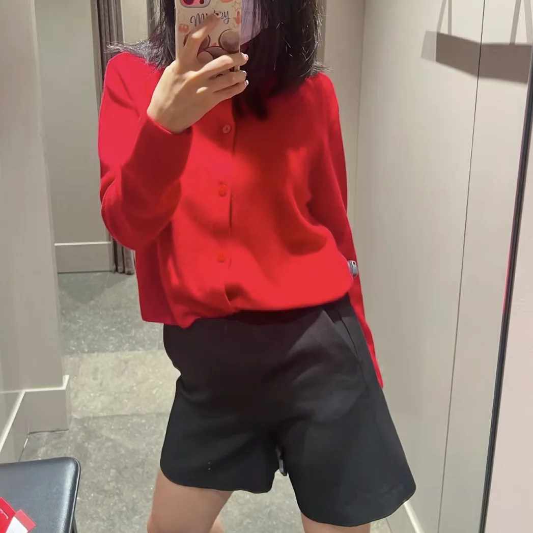 Women's Round Neck Red Knit Cardigan Long Sleeve Female Single-breasted Sweater Knitwear image 6