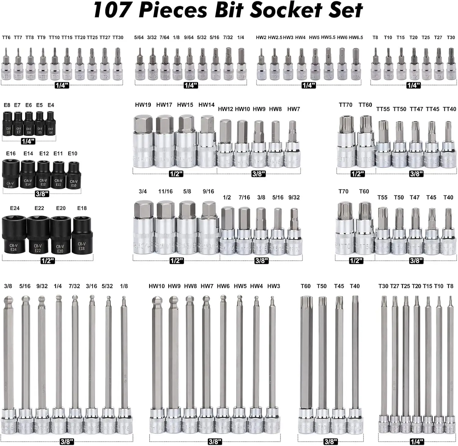 O soquete do bocado ajustado, movimentação longa extra, inviolável Torx, encanta, extremidade da bola encanta, SAE, métrico, S2, 1, 4 ", 3, 8", 1, 2 "movimentação, 107 peças