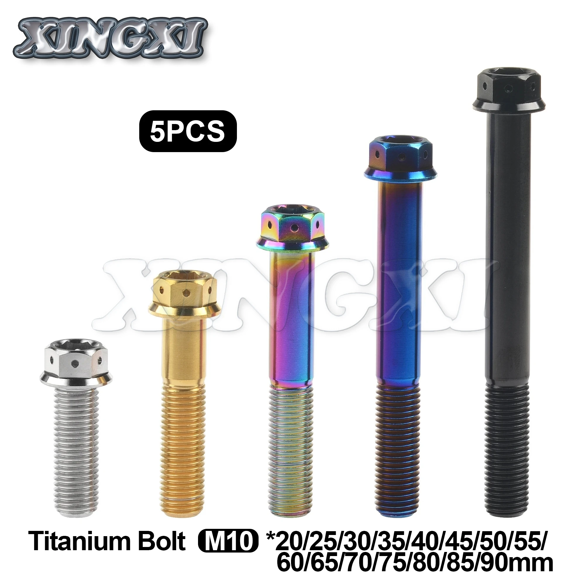 Xingxi 5PCS Titanium Bolt M10 X 20 25 30 35 40 45 50 55 60 65 70 75 80 85 90mm Flange Hex Head Screw for Bike Motorcycl Refitted