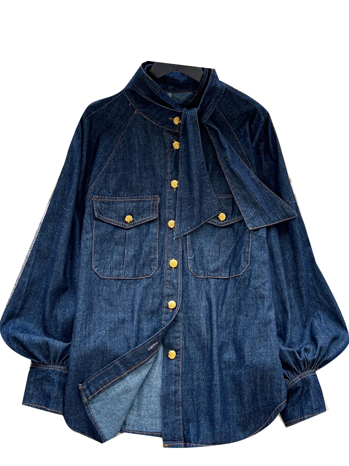 Casual Chic Women's Loose Fit Denim irt Autumn Faion Belted Slimming Metal Bule Long Sve Top Comfortable Leisure Sense