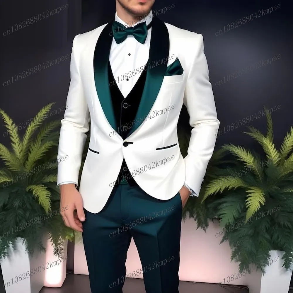 

White And Green Business Formal Occasion Men Suit Groom Groomsman Wedding Party Prom Male Tuxedos 3 Piece Set Blazer Vest Pants