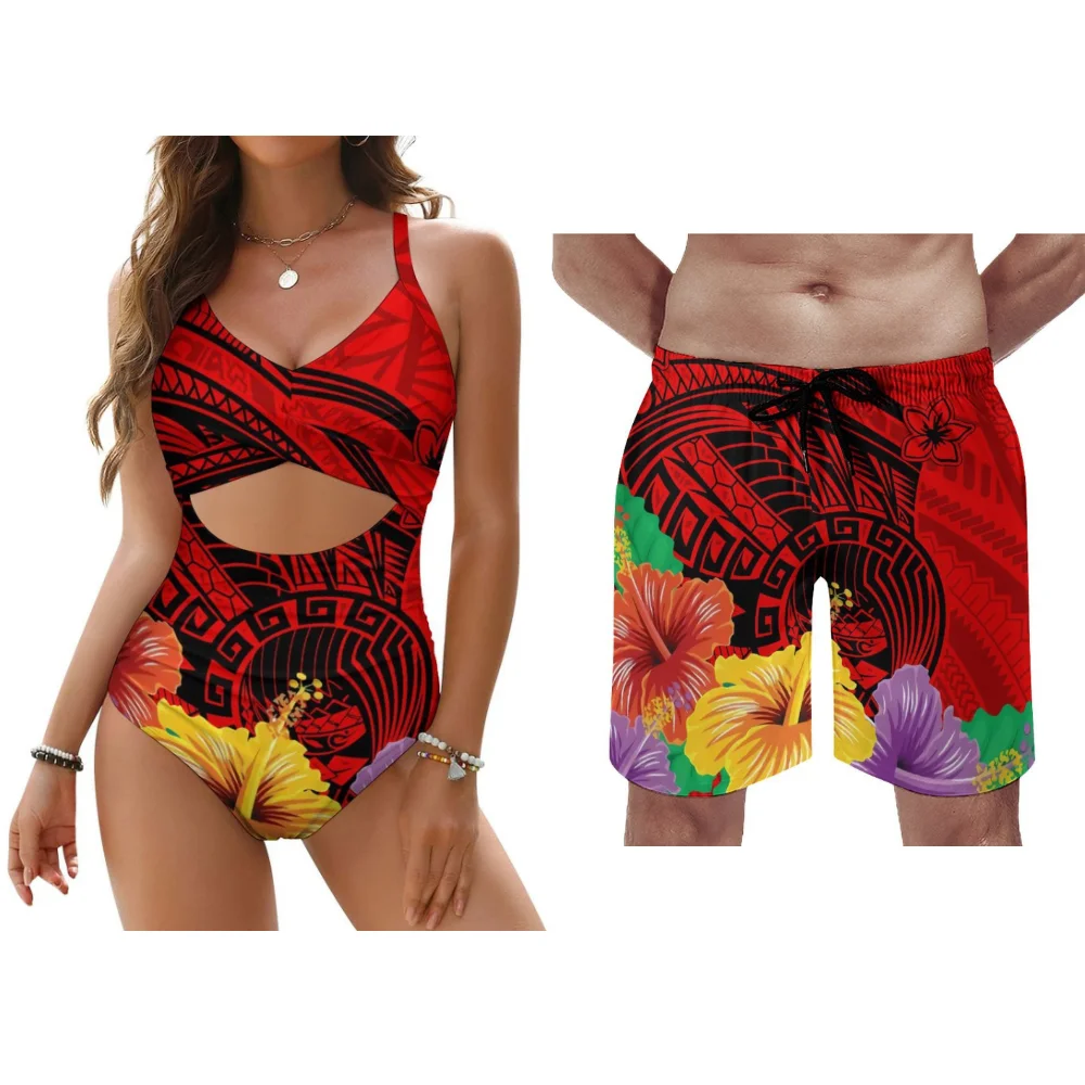 

Polynesian Custom Sexy Lace Bikini Set Couple Men Trunks Women Push Up Beach Holiday Hot Summer