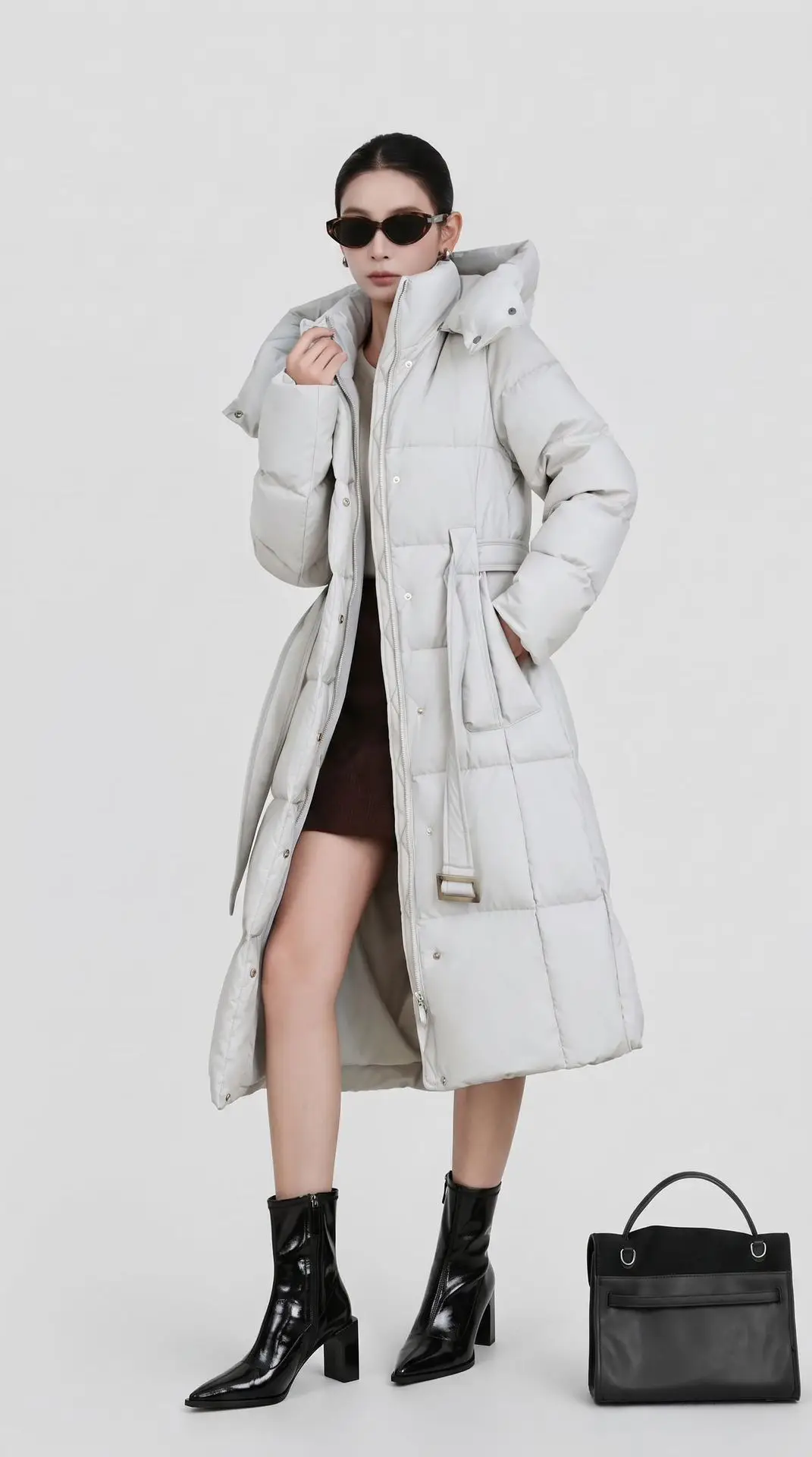 Winter Long Hooded with Belt Down Jacket Female Warm Thick Cold Proof Jacket Women White Duck Down Zipper Knee Length Outwears