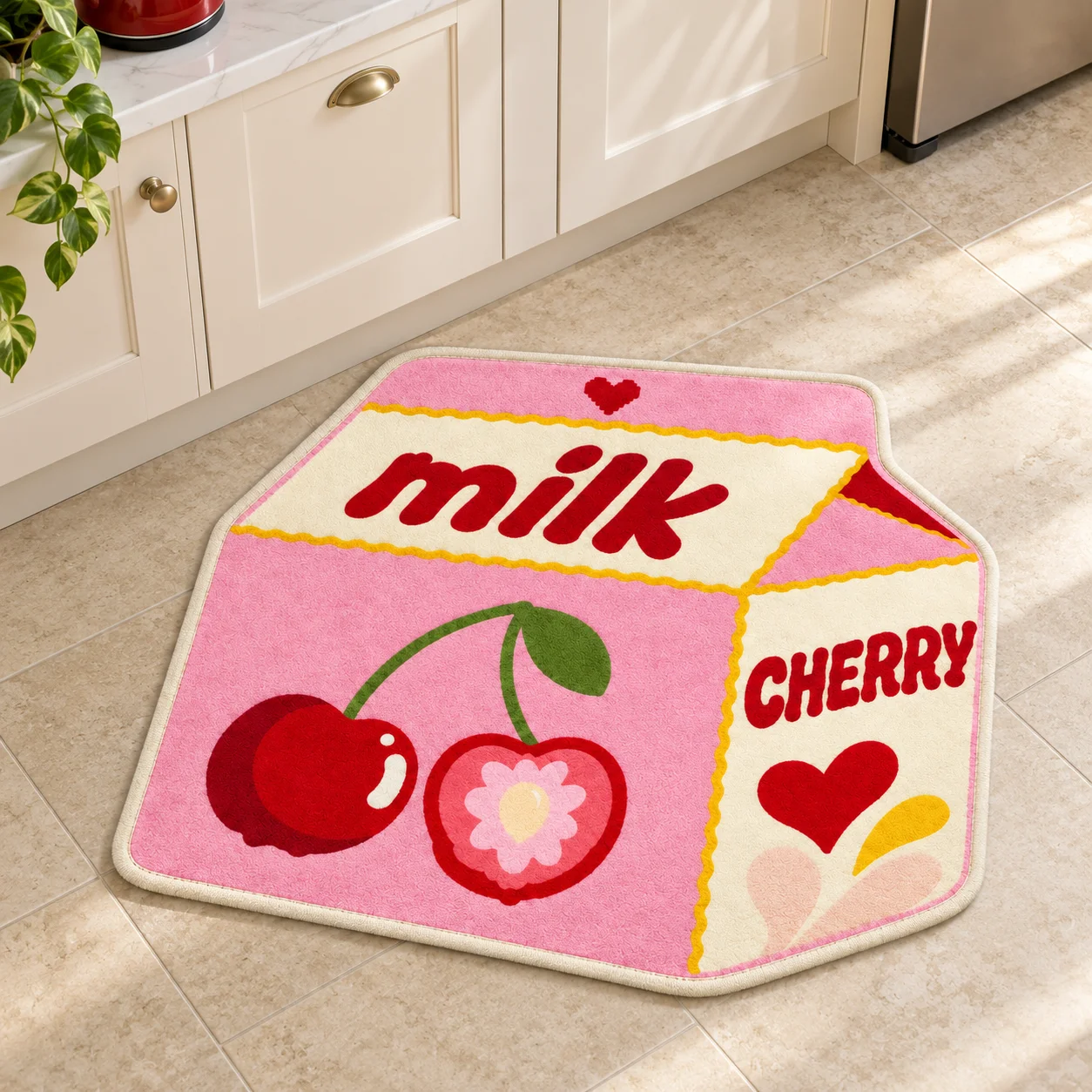 Pink Cherry Milk Carton Shaped Area Rug, Sweet Fruit Irregular Flannel Floor Mat for Kitchen Bedroom Entryway Home Decor Gift