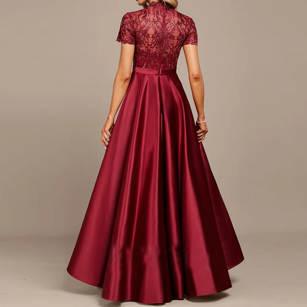 Burgundy Dubai Saudi Arbia High Low Evening Dresses High Neck Short Sleeves Satin Lace Beading Long Prom Gown Formal Party Dress