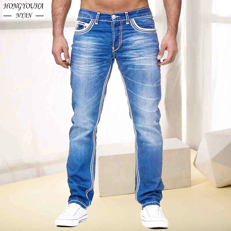 Calça jeans reta masculina, calça casual clássica, calça jeans azul, moda streetwear, roupa de outono, 2023