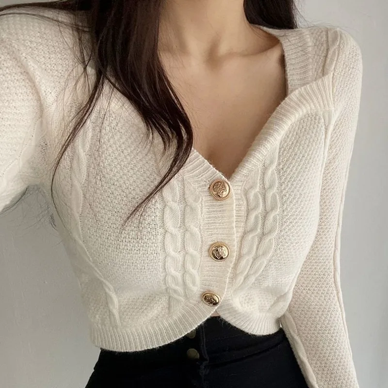 

Cardigan Female Knitted 2022 Korean Clothes Autumn Cardigans Sweater Women Top Knitwear Coat Winter Thick Vintage Solid Apricot