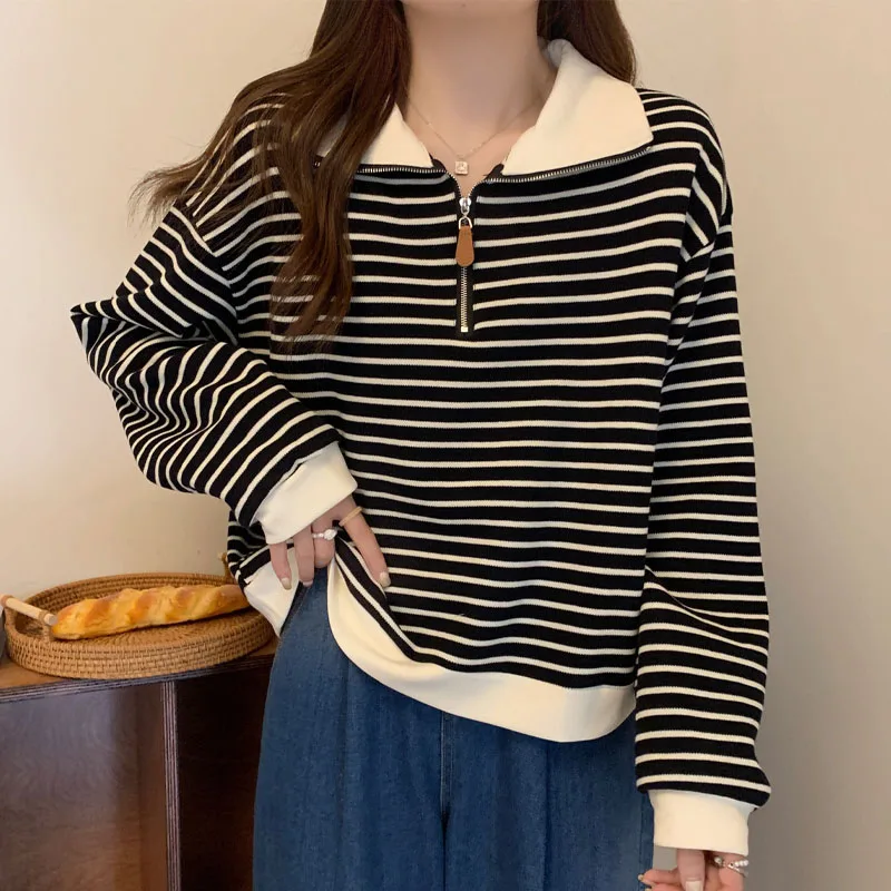 Fashion All-match Polo-Neck Striped Sweatshirts for Female Casual Loose Zipper Spliced Pullovers Tops Autumn Women\'s Clothing