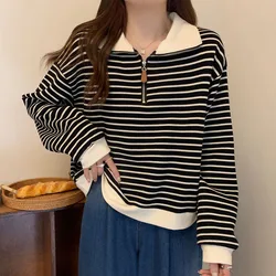 Fashion All-match Polo-Neck Striped Sweatshirts for Female Casual Loose Zipper Spliced Pullovers Tops Autumn Women's Clothing