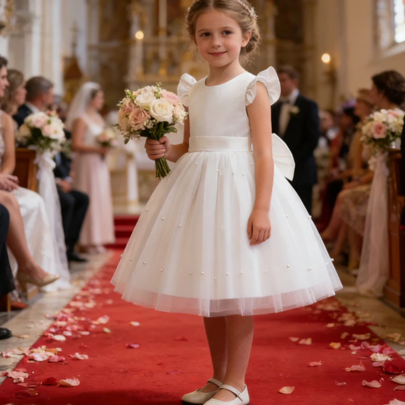 Baby Dresses For Eid 2026 Birthday White Wedding Princess Dress Toddler Backless Bow Beading Costume Dress For Girls Baptism