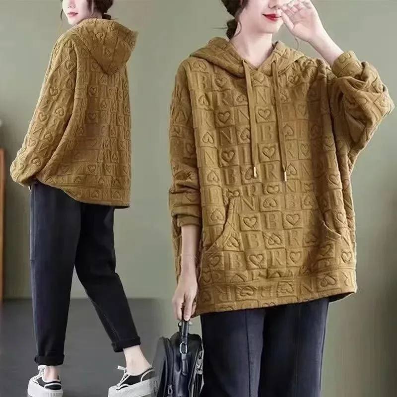 Y2k Autumn Women's Sweetshirts Love Print O-Neck Pullovers Sweatshirt Casual Loose Long Sleeve Hood Korean Style Baggy Hoodie
