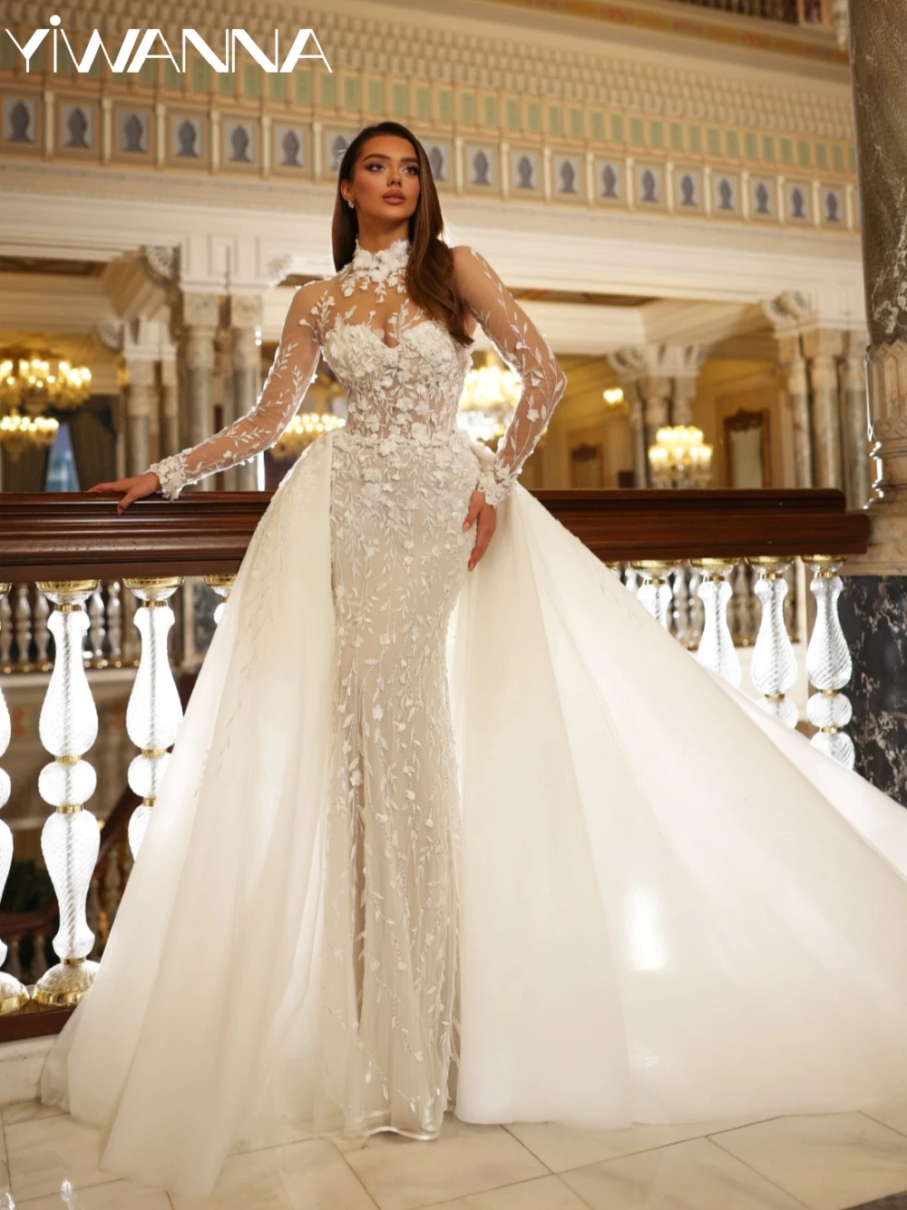 

New Detachable Train Beaded Appliques Wedding Dress Modest High Collar Long Sleeve Bridal Gown Customized Dresses For Bride