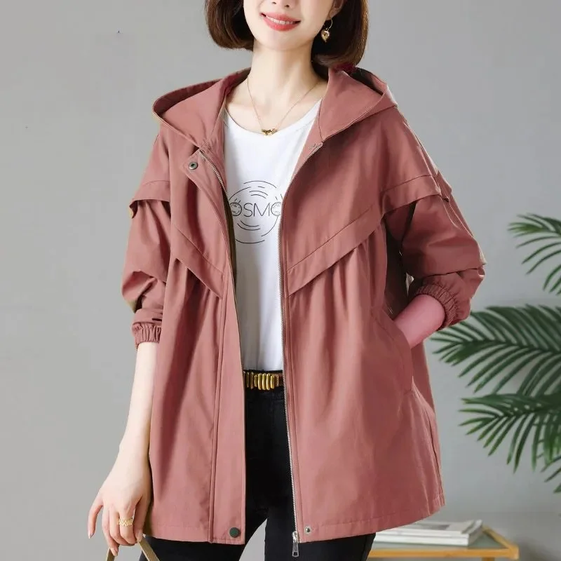 Femmes printemps automne à capuche Trench manteau mode poche ample veste coréenne bureau dame mi-longue vêtements d'extérieur décontractés coupe-vent