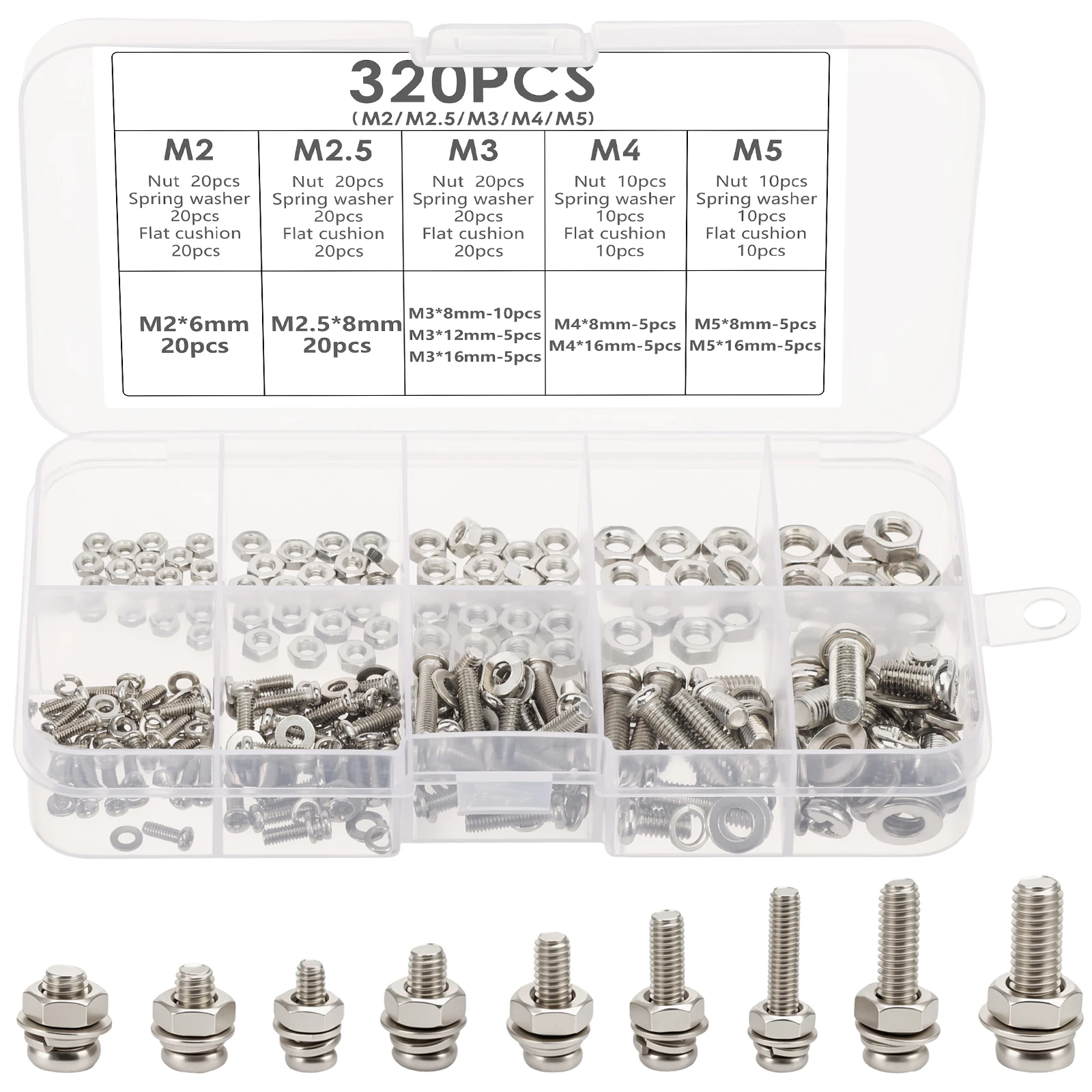 320Pcs Hex Screw Nut Washer Kit Zinc Plated for Workshop Repair Hex Screw Kit Nut And Washer Set Fastener Assortment Multi Size