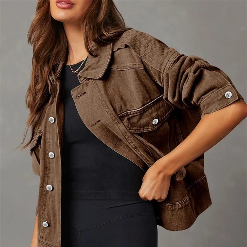 2025 الدنيم الستر المرأة ربيع الخريف قميص نمط جانكوت رداء علوي غير رسمي واحدة الصدر الأسود البني ملابس خارجية معاطف للسيدات الاتجاه