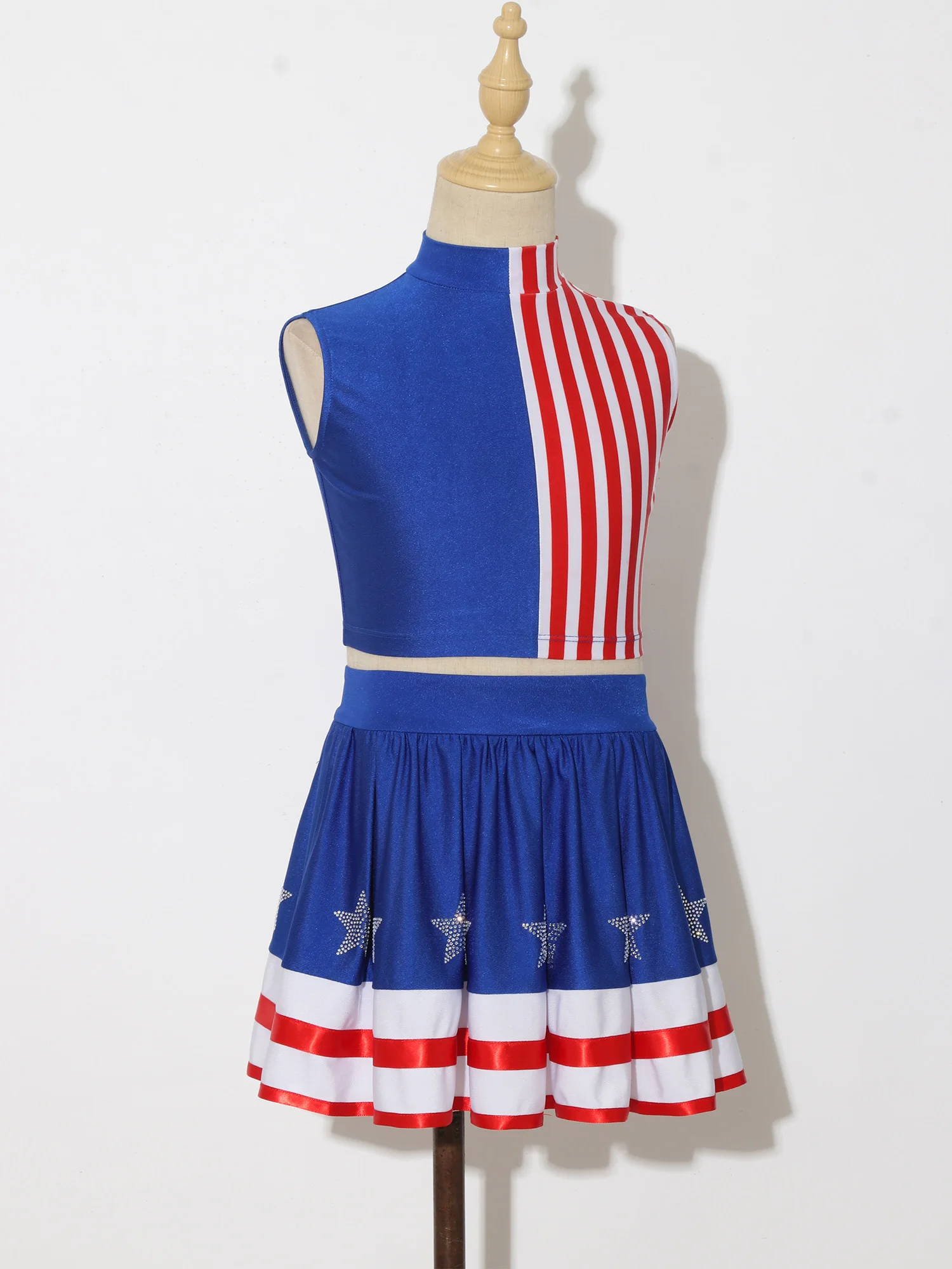 Cheerleading-Outfit für Kinder und Mädchen, Kostüm zum Unabhängigkeitstag, gestreiftes Crop-Top mit Rock mit Strass-Sternen, Pompons, Socken und Kopfbedeckung – Detail 10