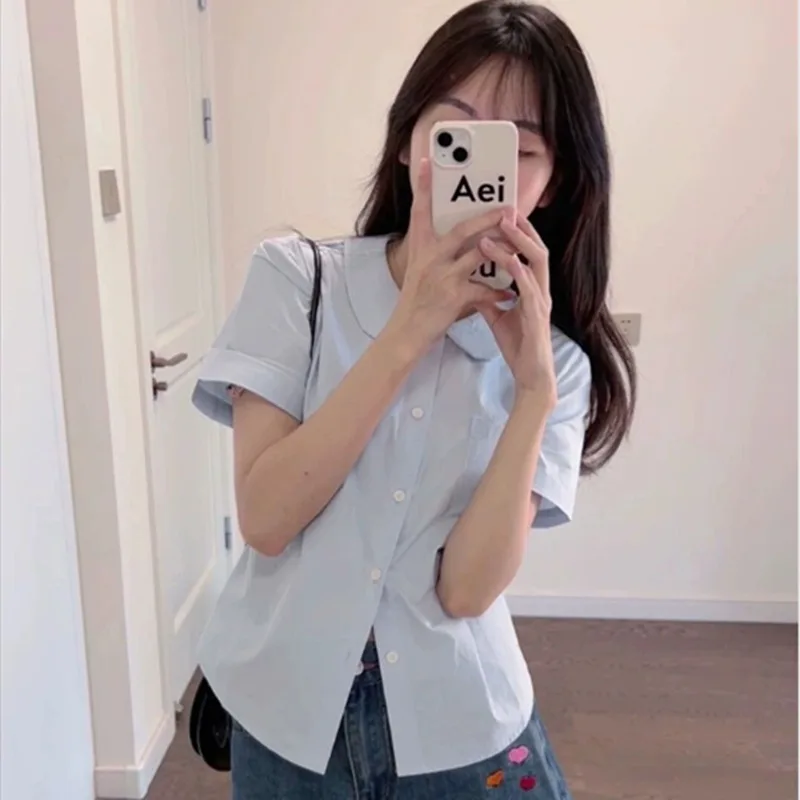 Casual Shirts and Blouses for Women Fashion Short Sleeve Top 2000s Y2k Pocket Shirts Korean Style Elegant and Youth Blouses 2024