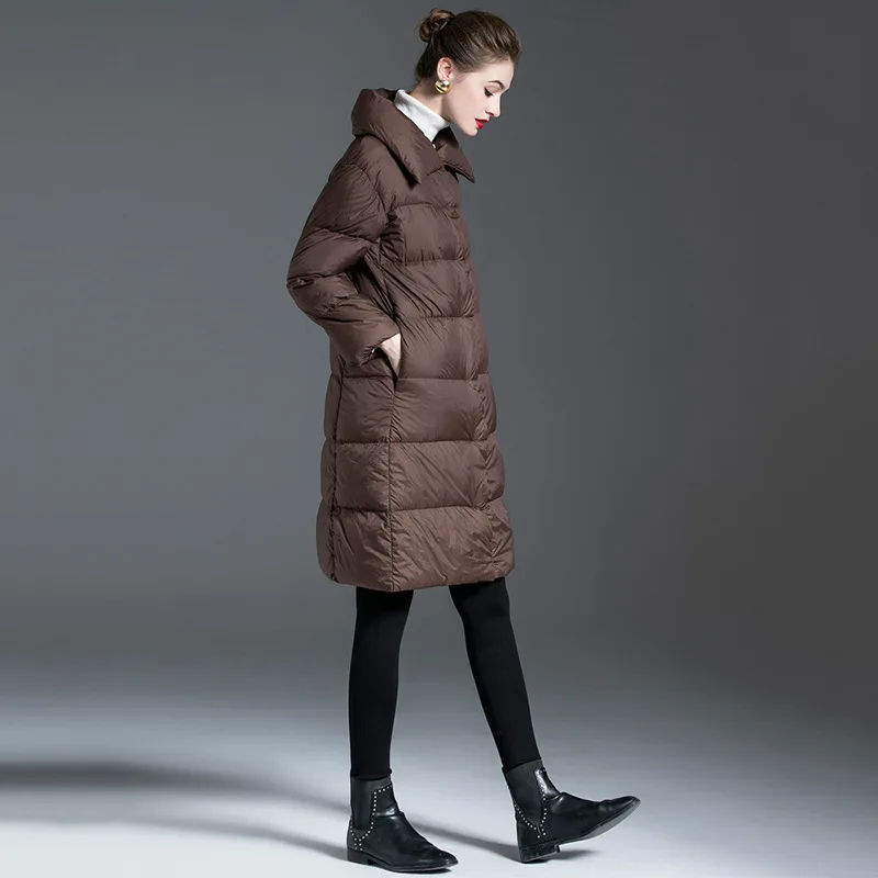 Hiver longue bouffante revers mince doudoune femmes blanc canard vers le bas genou longueur doudoune femme chaud fermeture éclair solide Parker outwear