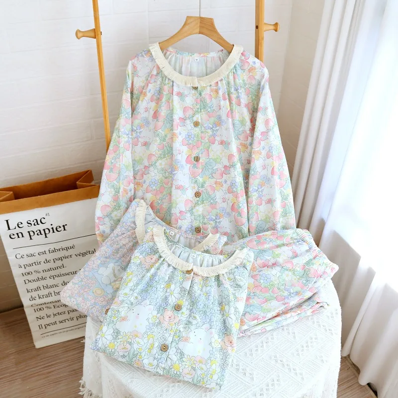 

2026 New Women's Spring and Autumn Pajama Set 100% Cotton Gauze Sweet and Cute Long Sleeve Round Neck Home Furnishing Set