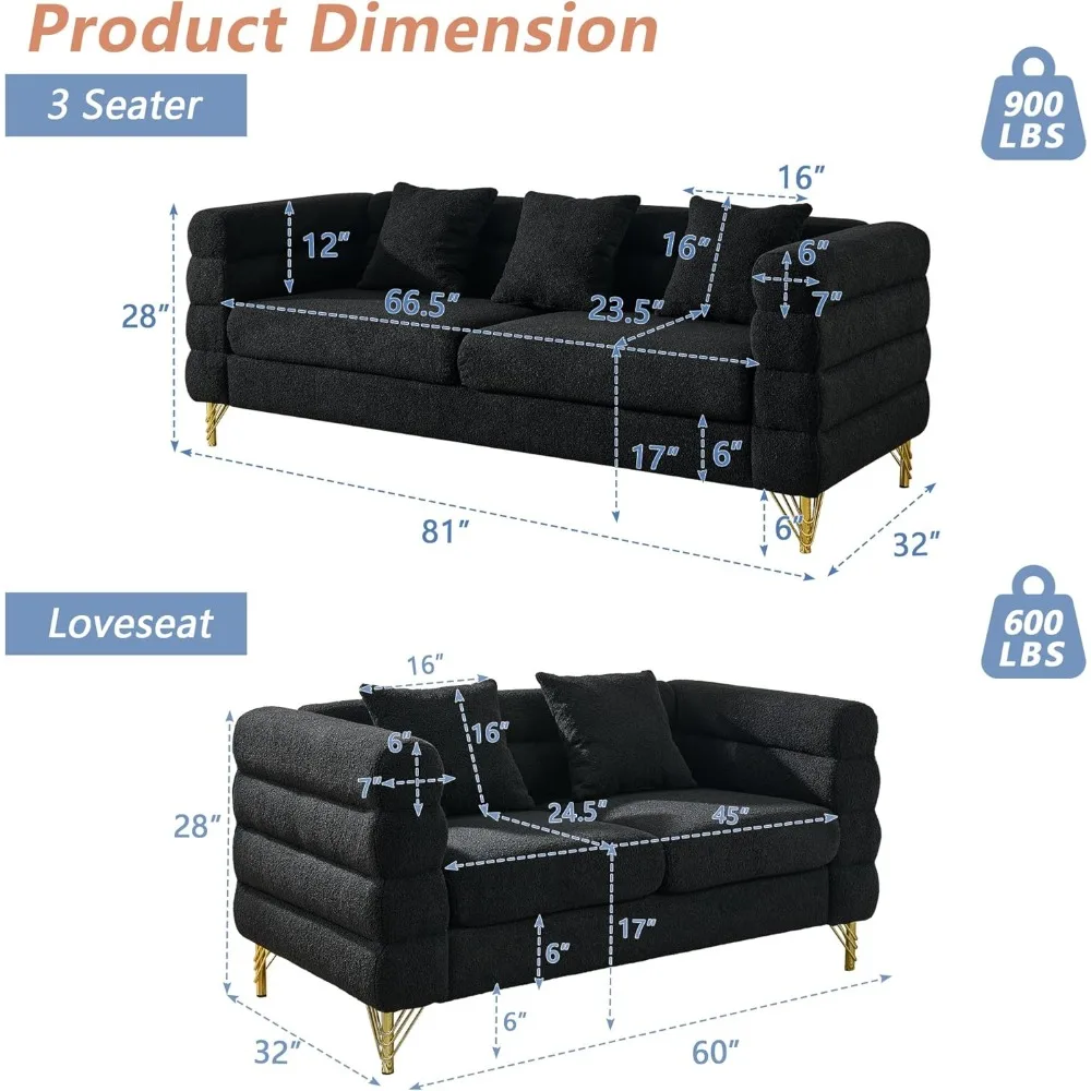 Luxury Teddy Sofa Set for Living Room, Modern Decor Furniture Sectional Sofa, 3 Seater Couch and Loveseat with 5 Pillows