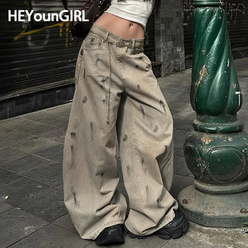 

HEYounGIRL Grunge Aesthetic Baggy Jeans Boyfriend Style Fashion Wide Leg Pants American Retro Y2K Denim Trousers Streetwear 90s