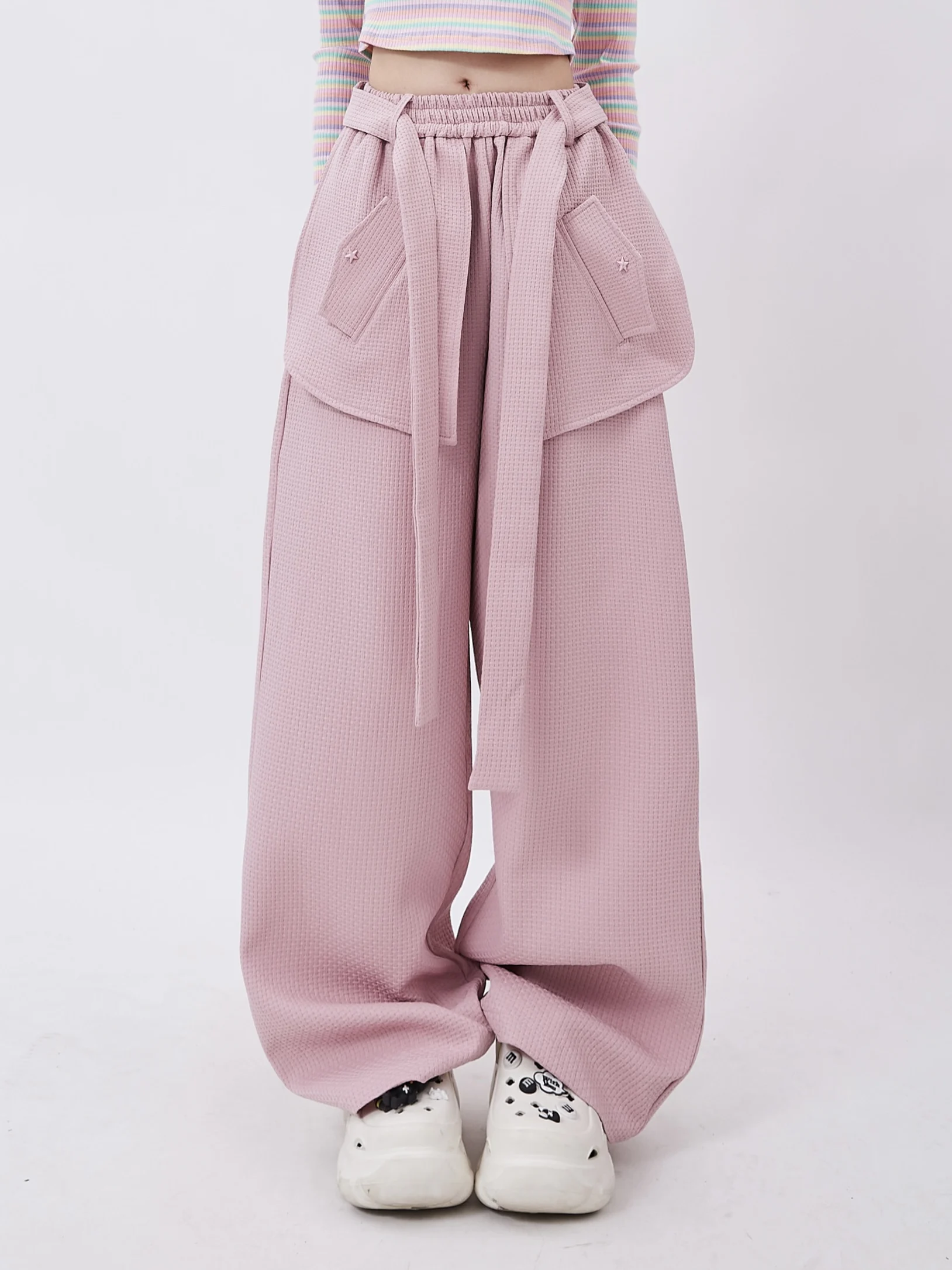 Pink Casual Pants for Women Autumn Fashion Vintage Belt Design Versatile Sweet Girl Style Drooping Wide-Leg Pants