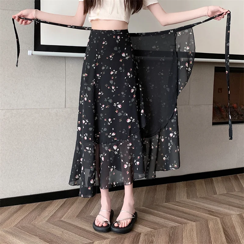 

Юбка миди А-силуэта с высокой талией и кружевной отделкой, цельная, из шифона с цветочным принтом, женская летняя юбка для стройности, 100% полиэстер