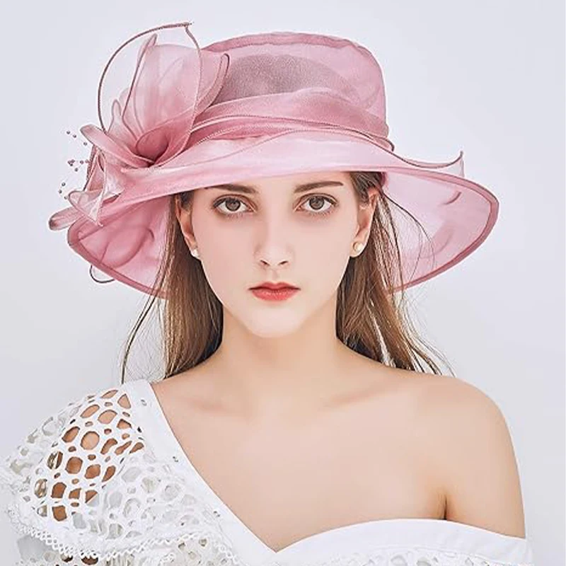 A bow-netting wide-brimmed wedding KY Derby hat suitable for brides church wedding decoration girls summer outing shade