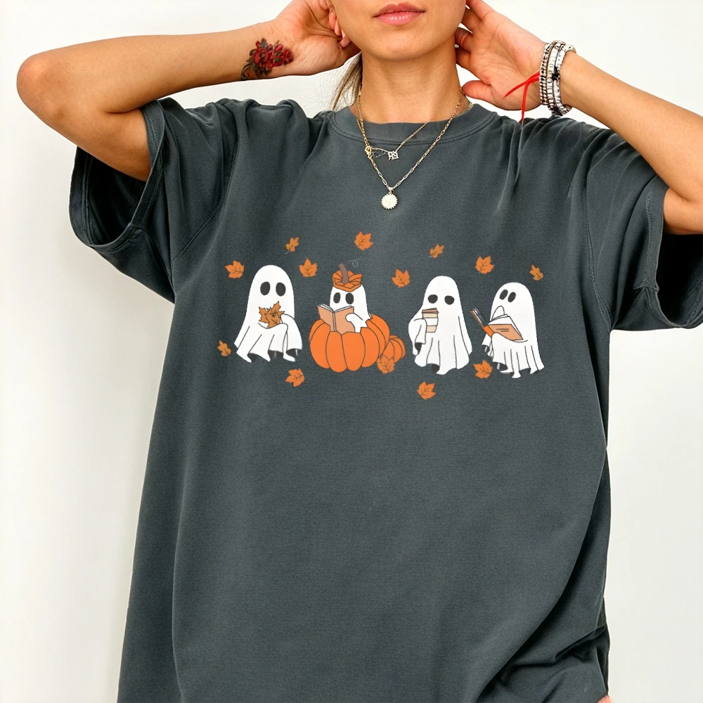 เสื้อยืดลายหนังสือผีน่ารัก ลายกราฟิกหนังสือฮาโลวีน ฤดูใบไม้ร่วง เสื้อยืดผ้าฝ้ายแท้ สไตล์น่ารัก สวมใส่สำหรับของขวัญฮาโลวีนสำหรับเขาและเธอ