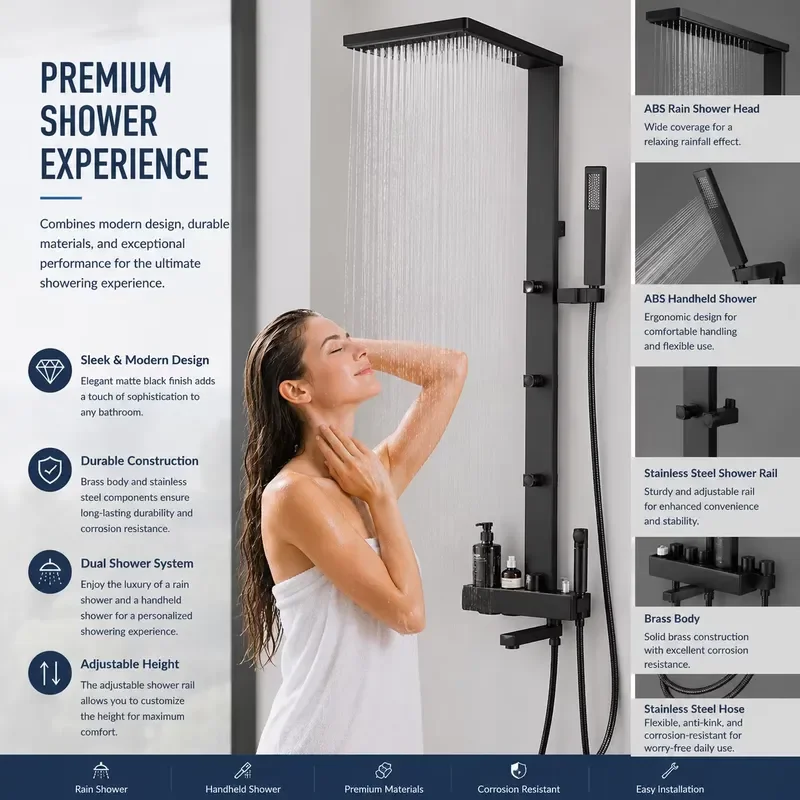 Brass Multi-Function Shower Panel System Matte Black ABS Rainfall Handheld Bidet Bathtub Spout OEM view 2