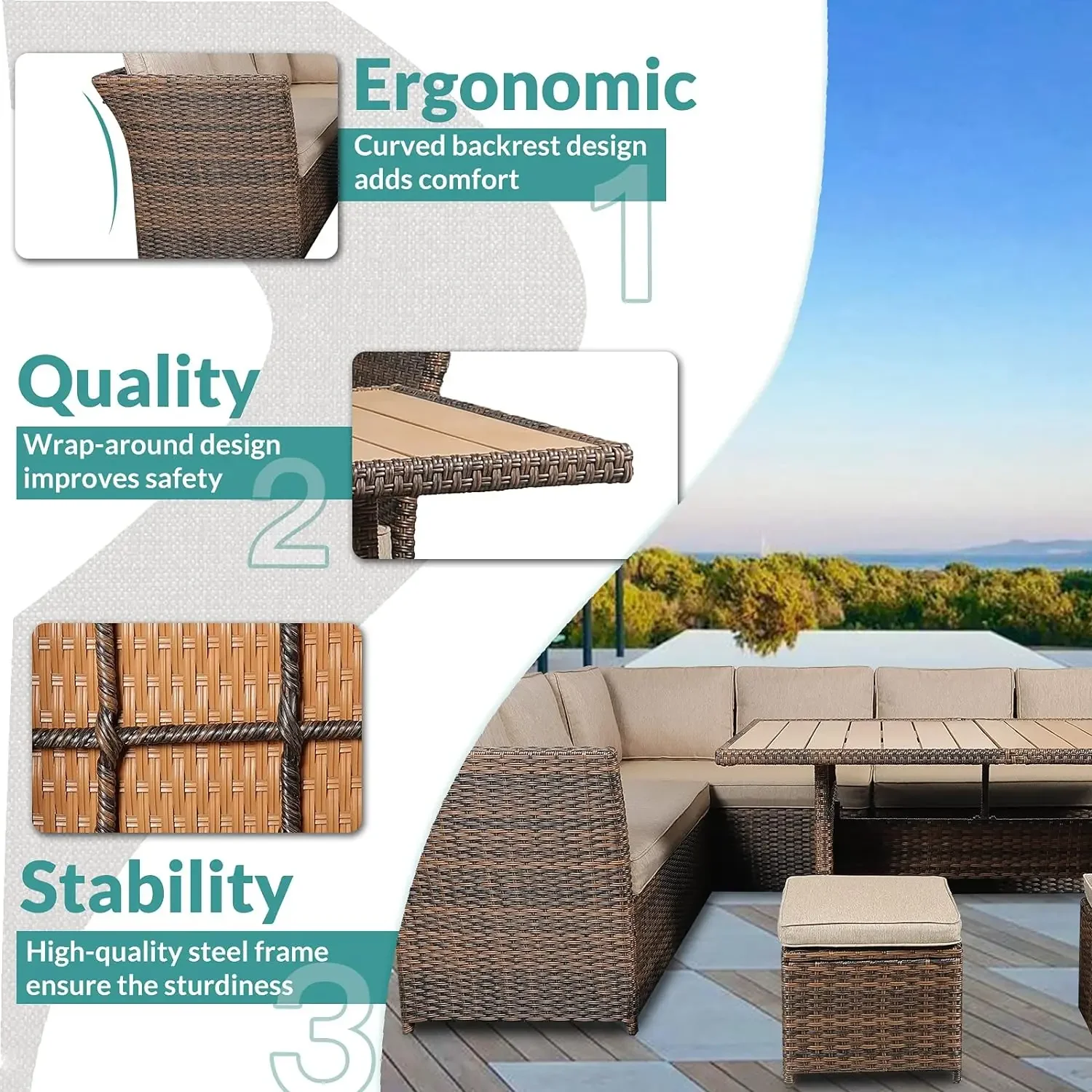 7Pieces Outdoor Wicker Patio Furniture Set  All Weather Rattan Sectional  Sofa Couch Garden Dining Table Chair Set with Ottoman