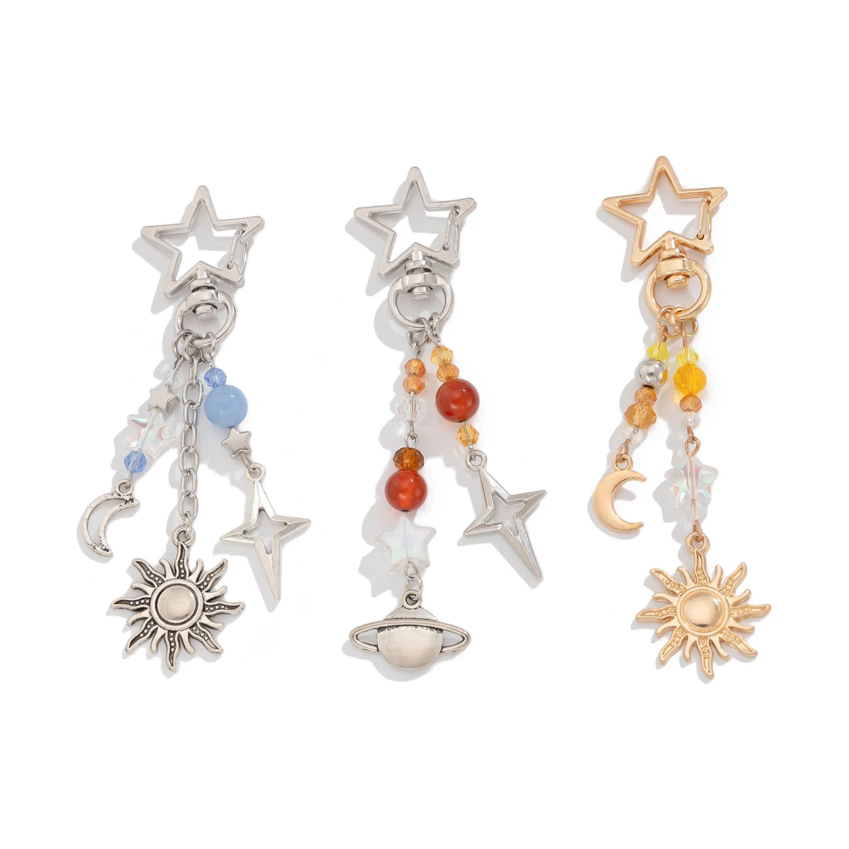 Ingemark 3Pcs/Set Punk Stars Moon Sun Pendant Bag Keychain for Women Boho Colorful Beads Key Ring Bag Chain Y2K Jewelry Gift New