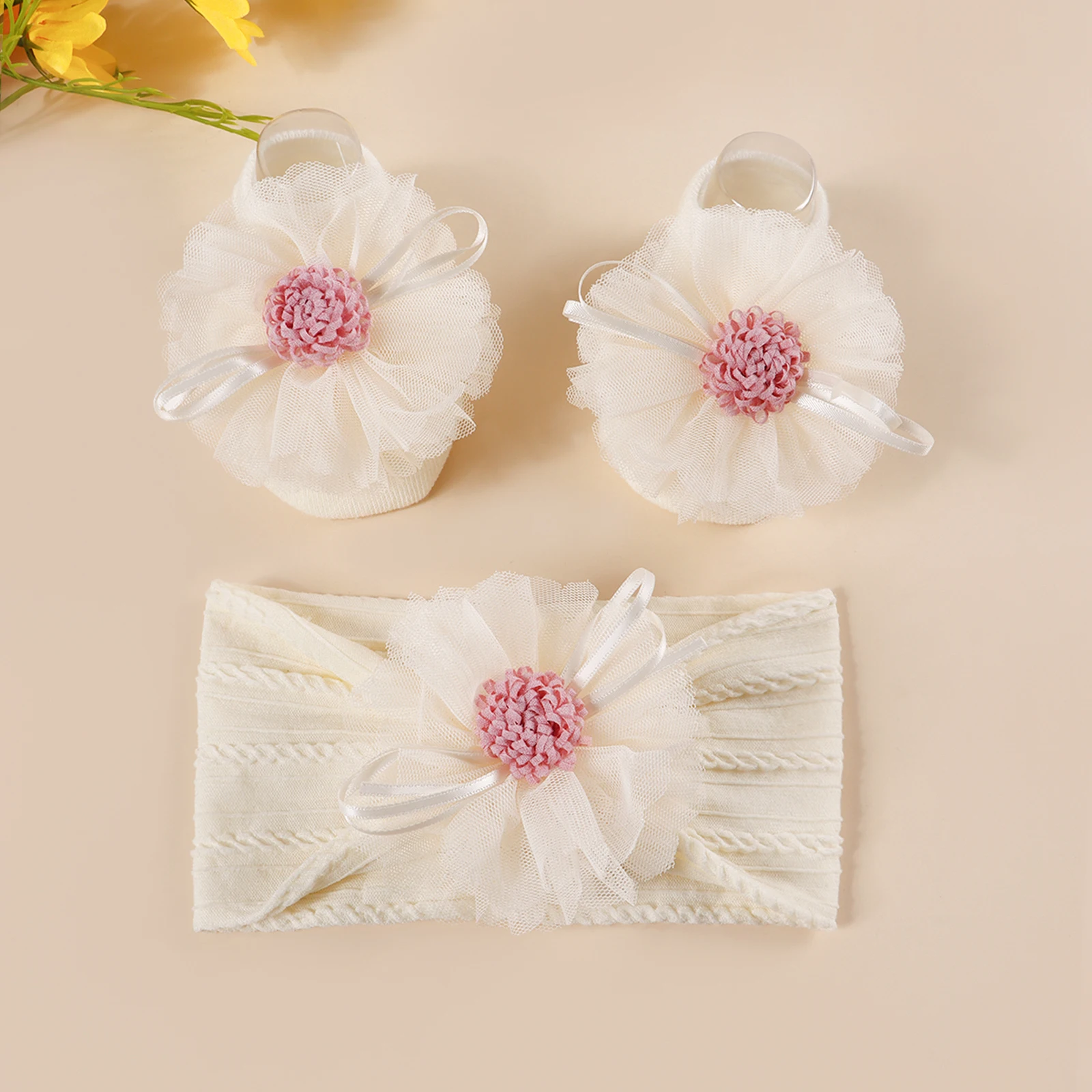 Baby Spitze Blumen Dekor Beige Socken Stirnband Set Jacquard Haarband Anti Slip Socken Anzug Für Neugeborene Geschenk Infant Tragen Zubehör