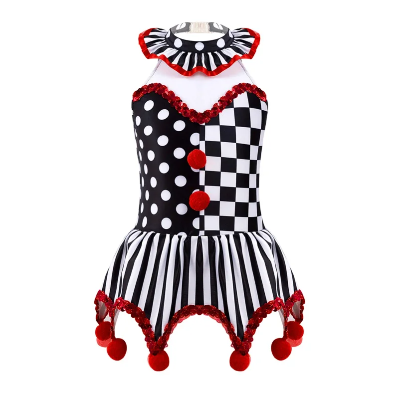 Girls Circus Clown Joker Halloween Show Costume Festival Stage Play Role-playing Grid Pompoms Adorned Sequin Tutu Leotard Dress