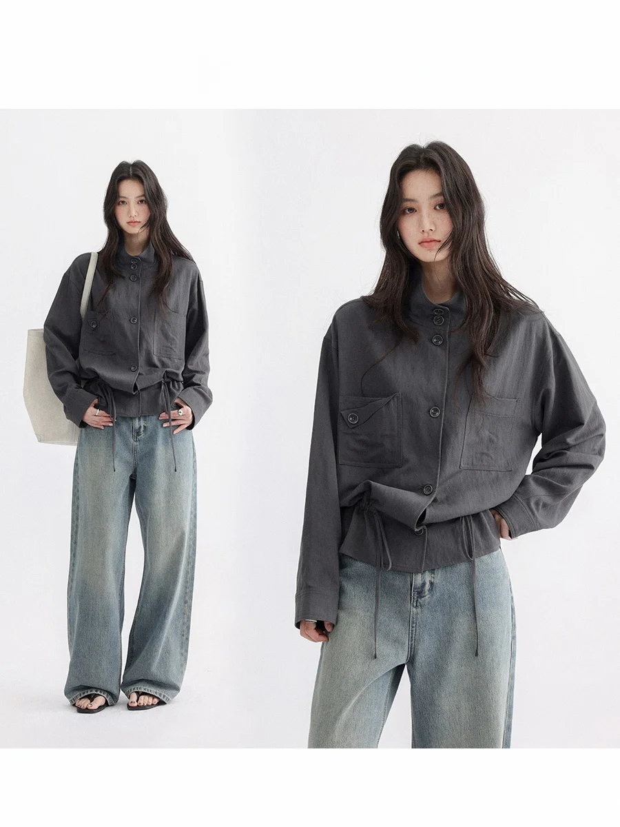 

Весенняя рабочая куртка-жакет с карманами, шнурком и поясом, с низкой талией, для женщин