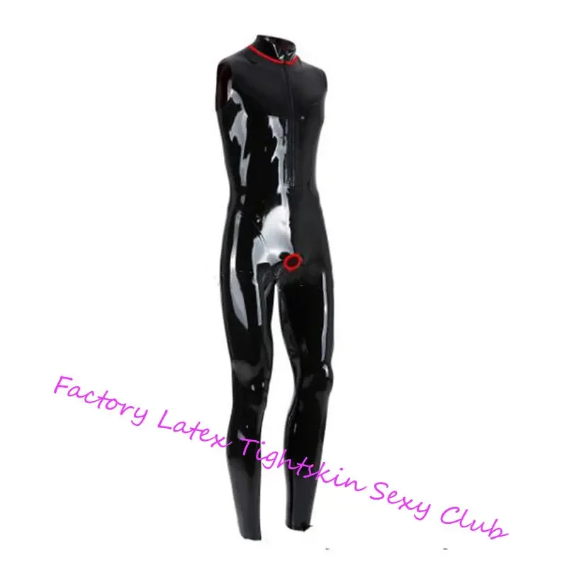 

Handmade Male Bodysuit Sleeveless Latex Rubber Catsuit with Open Crotch Hole Ring Hole Customized Jumpsuit Men Cosplay Costumes