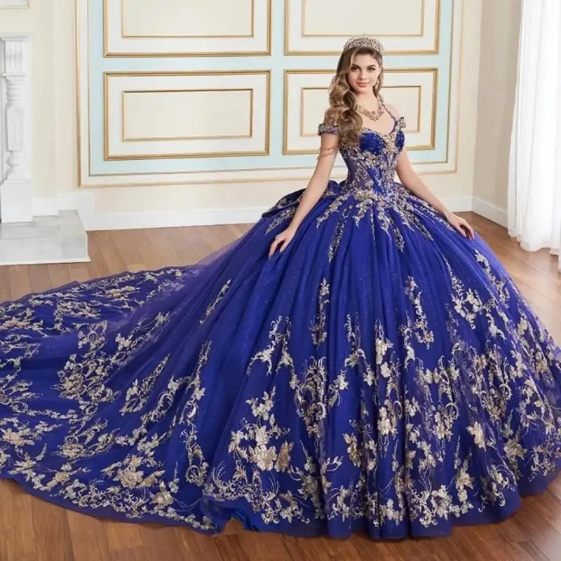 

Sparkly Navy Blue Quinceanera Dress Ball Gown Gold Lace Applique Beading Bow Corset Sweet 16 Vestidos De 15 Años