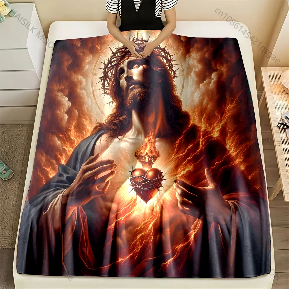 1PC Burning Sacred Heart with Crown Print Blanket Warm Soft Fluffy Kids and Adult Sofa Bed Throw Blanket Outdoor Travel Camping