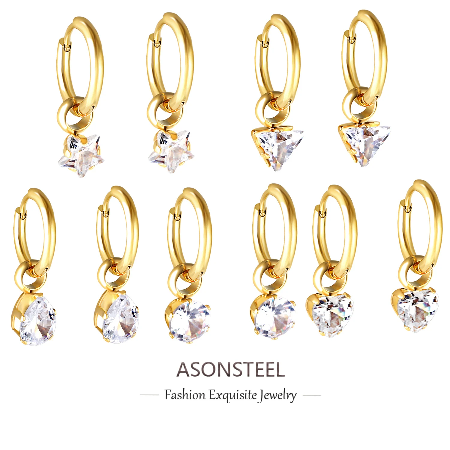 ASONSTEEL 트렌디한 라운드 하트 큐빅, 매력적인 후프 귀걸이, 골든 스테인레스 스틸, 여성용 쥬얼리, 반짝이는 디자인 귀걸이