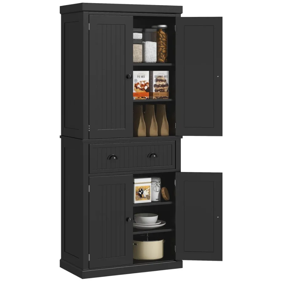 

HOMCOM Kitchen Pantry Cabinet 72 Tall Storage Freestanding Cupboard Black Drawer Doors Shelves