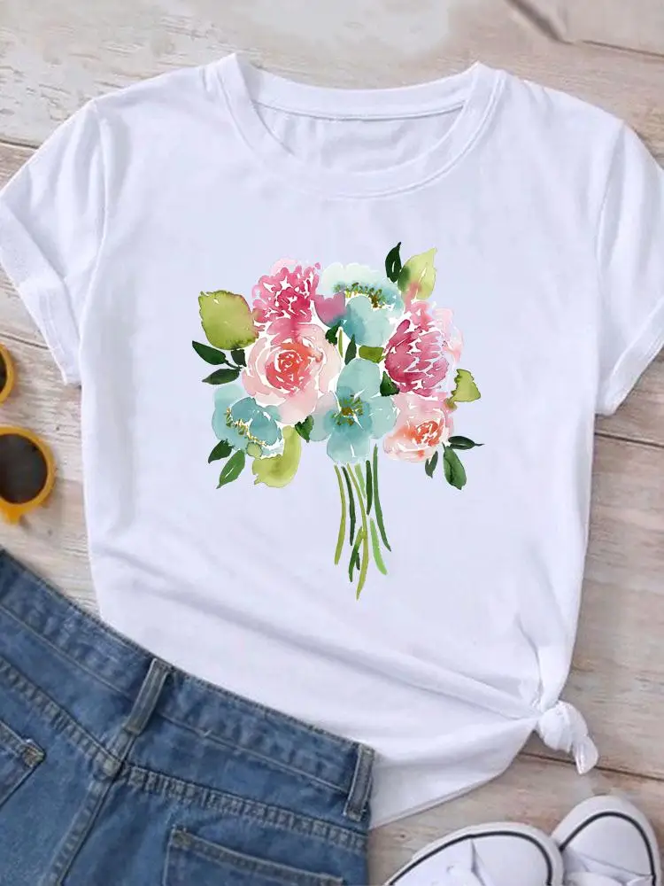 

Trend Watercolor Flower Clothing Summer Graphic T Shirt Short Sleeve Women Print Casual Fashion Clothes Tee T-shirt Female Top