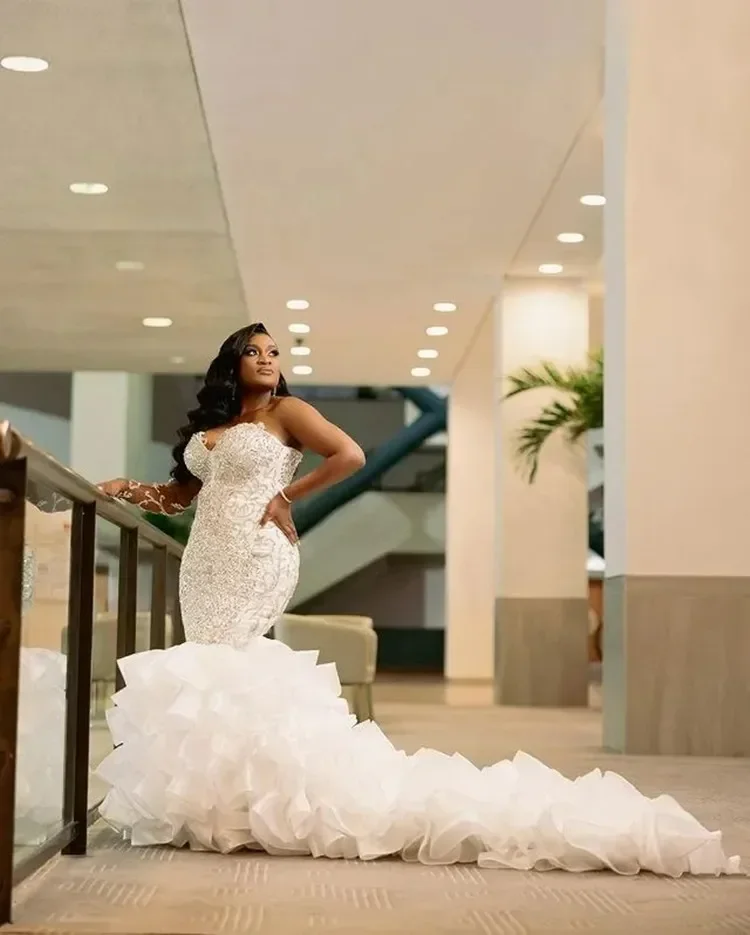 

Индивидуальное свадебное платье с блестящими бусинами и кристаллами для невесты, в стиле арабского каскадного крепления оборок, с вырезом «сердечко», модель Vestidos De Novia