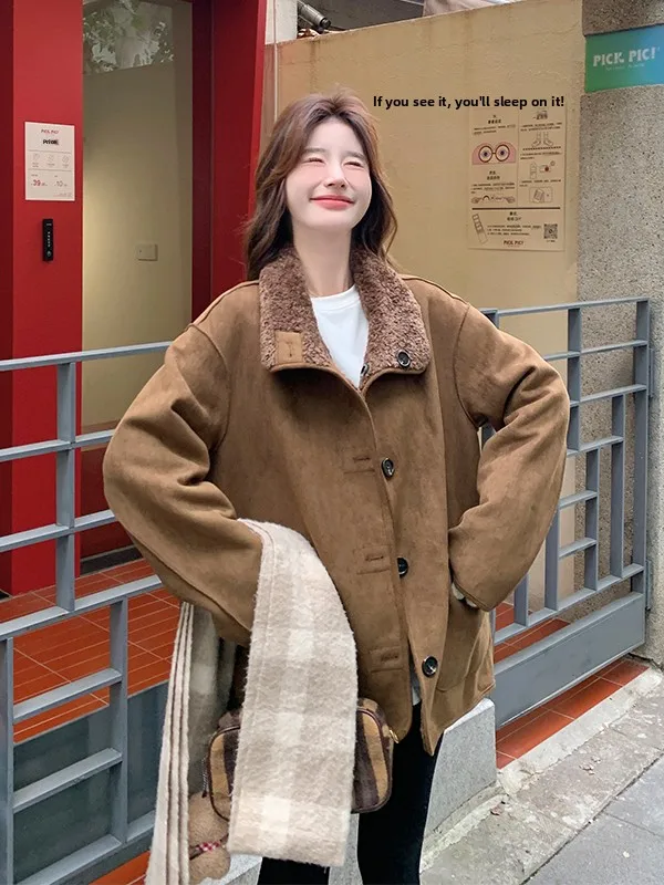 Dwustronny płaszcz damski z karmelowej skóry, ocieplany futrem jagnięcym, idealny na jesień i zimę, ciepły, bawełniany.