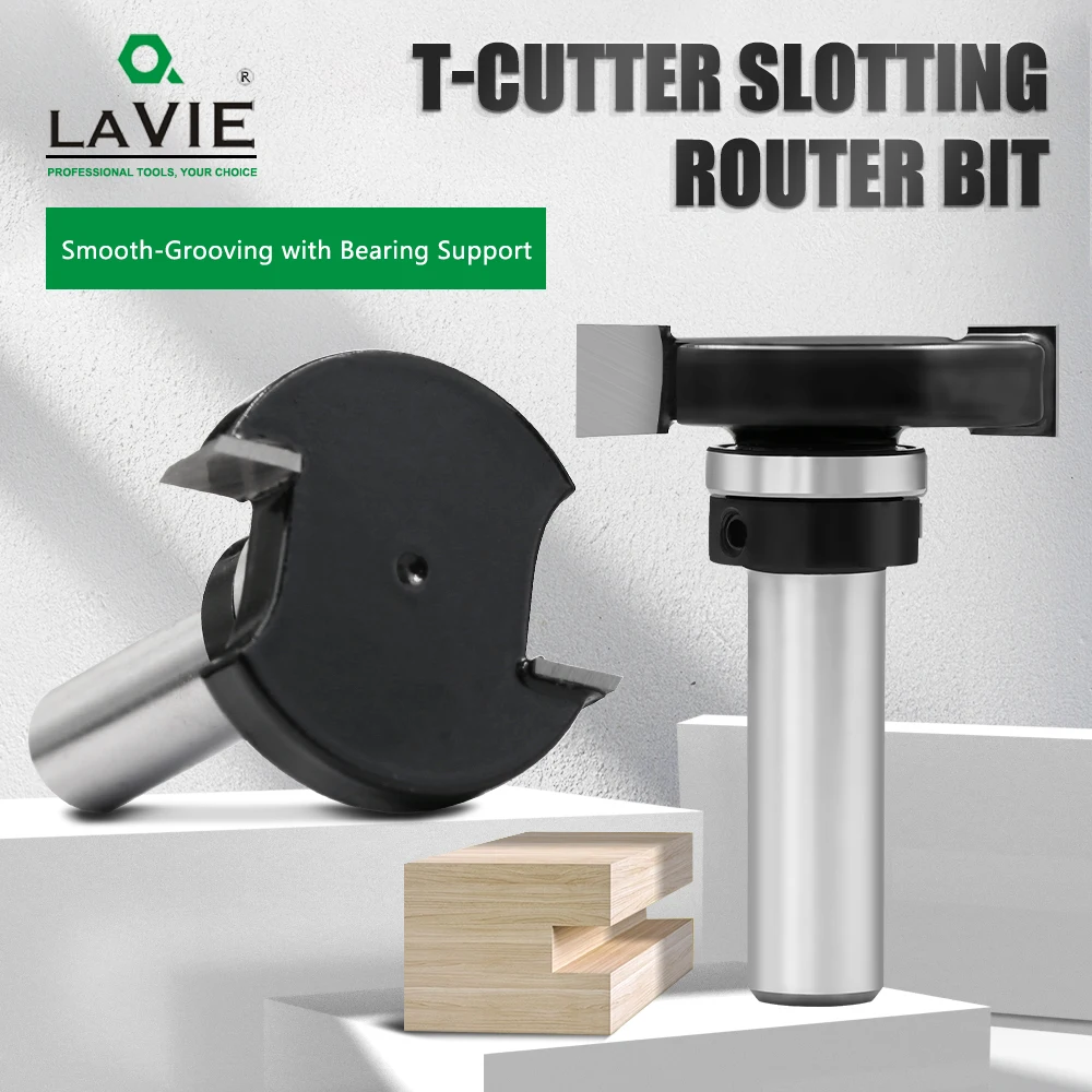 

LAVIE 1pc 12mm 1/2 Shank T-Slot Router Bit with Bearing - Double Edge Grooving Cutter for Wood Slotting