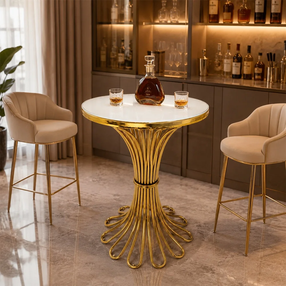 ab-Commercial Stainless Steel Round High Bar Table with Glass Tabletop for Home Restaurant Hotel Wedding Event Outdoor Terrace