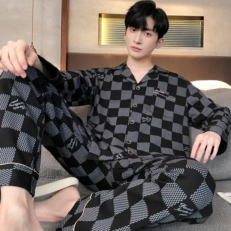 Checkerboard Cotton Nightwear for Men Cardigan Home Clothes Spring Long Sleeves Sleeping Top Pant Pajamas Male Pijamas Dropship