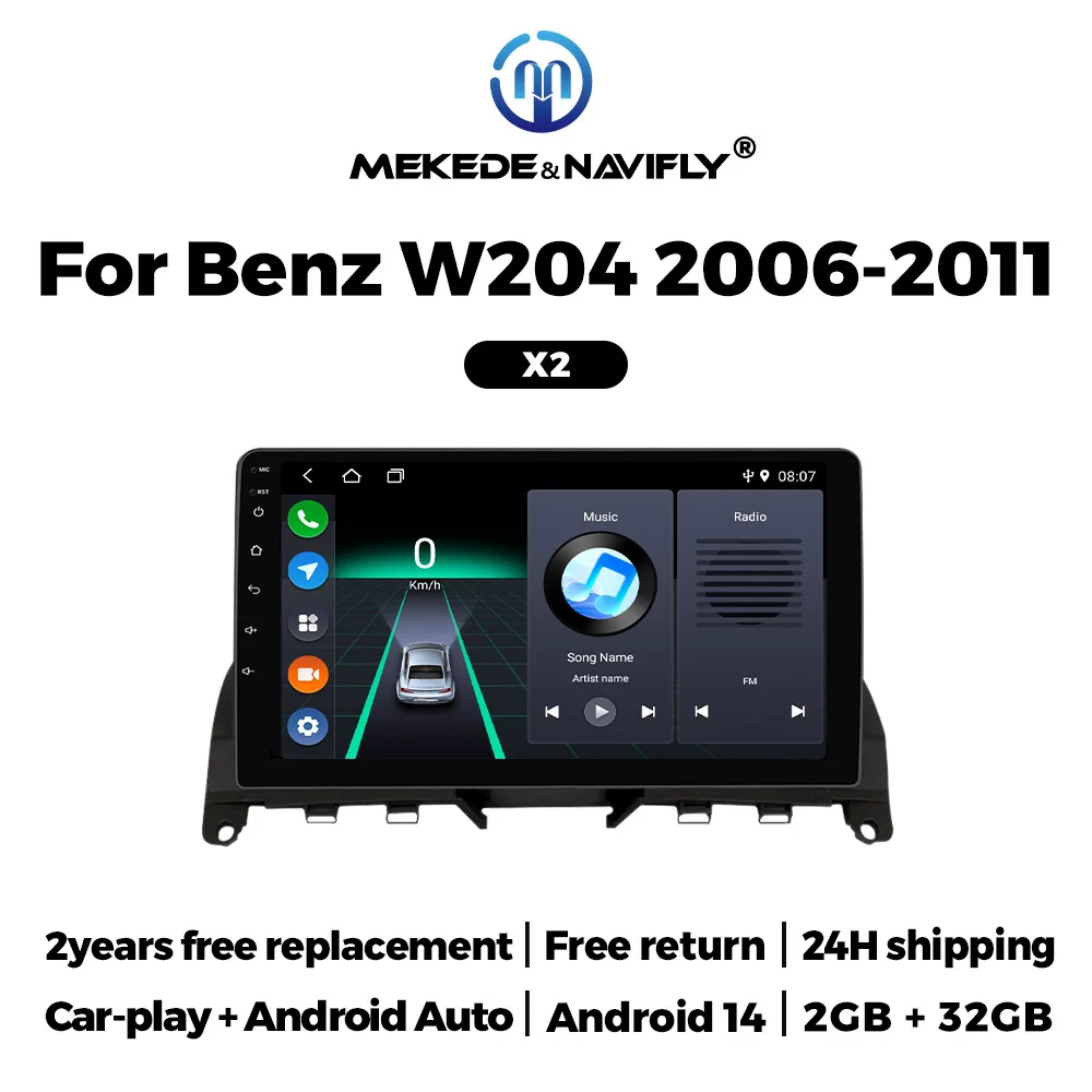 

2Din Stereo Car Radio Android 14 CarPlay Auto multimedia player For Mercedes Benz C Class W204 1624 2007-2010 IPS Screen GPS BT