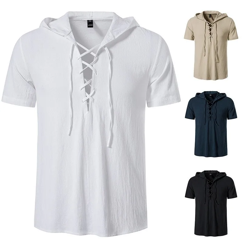 New Men's Cotton and Hemp T-shirt Summer Cotton and Hemp Hooded T-shirt Leisure Breathable T Chinese Style T-shirt